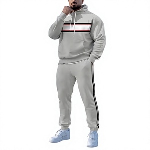 Men's Gray Hooded Sweatshirt Jogger Set Striped Casual Autumn Wear Knitted Cotton Fleece Outfit - Product Image 3