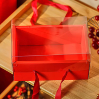 Boîte cadeau portable personnalisée avec logo, rouge du Nouvel An chinois, auto-érectible, avec couvercle transparent en PVC, poignée en ruban, pour emballage de snacks et de noix