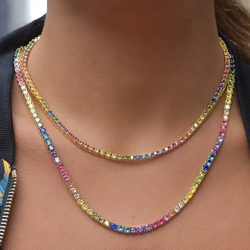 High Quality Rainbow Full 4mm Cz Paved Tennis Chain Choker Necklaces For Women Charm Gold Plated Hip Hop Fashion Wedding Jewelry