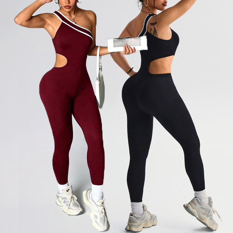 Custom Logo Gym Jumpsuit Fitness One Shoulder Bodysuit Breathable Yoga Gym Training Jumpsuit for Women