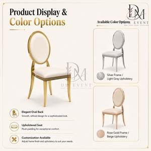 Chaise de mariage élégante et simple à dossier ovale en acier inoxydable doré avec coussin blanc pour événements de mariage et banquets - Sièges pour événements - Product Image 4