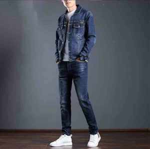 طقم رجالي جديد مكون من سترة بياقة وبنطلون كاجوال من الدنيم - Product Image 1