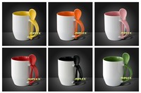 Tasse à café en céramique vierge de 11 oz avec cuillère, poignée intérieure, logo personnalisé coloré, mug émaillé personnalisé
