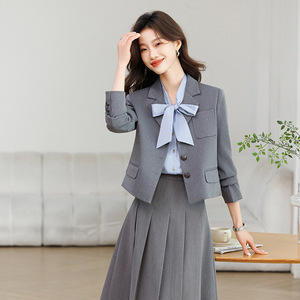 Grey Women's Suit Set Midi Skirt Three Quarter Sleeve Office Lady Anti-Wrinkle Polyester Worsted Formal Wear - Product Image 1