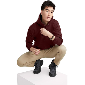 Mens Soft Fleece Embroidered Pocket Pullover Hoodie Minimal Design Drop Shoulder <b>Maroon</b> Winter Hoodie - Product Image 3