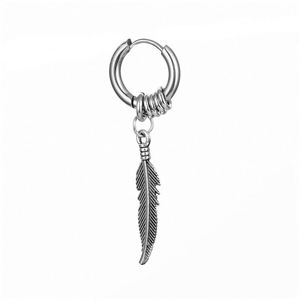 Boucles d'oreilles pendantes vintage en acier inoxydable argenté et noir, motif feuille, style hip-hop, plume, spirale, boucle punk pour femmes et hommes - Product Image 6