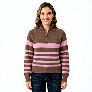 Pull tricoté décontracté pour femme à col montant zippé rayé, manches longues, 100 % acrylique, anti-boulochage, idéal pour l'automne - Product Image 1