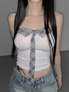 Little Hot sale Hottie Sexy Plaid Tie Patchwork tops Summer Short Y2K ropa básica tops mujeres para vacaciones - Product Image 3