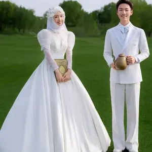 Venta al por mayor diseñador barato Dubai musulmán encaje vestido de novia para las mujeres musulmanas