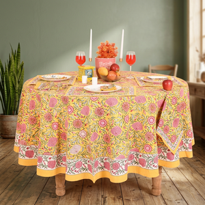 <b>Round</b> Cotton <b>Tablecloth</b> Floral Pattern Yellow Pink Washable Party Use Modern Style Handmade Customized - Product Image 3