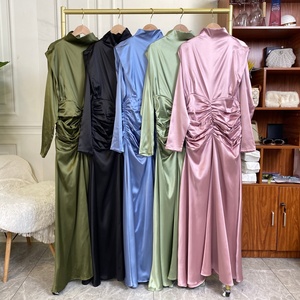 6664 #   Nouvelle robe longue tendance en satin épais et lisse, col rond, taille élastique plissée, jupe ample - Product Image 6