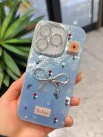 Coque de téléphone portable DIY avec nœud et fleur bleue pour iPhone 16 17 18 Pro Max 14 Plus 13, coque arrière brillante en fil laser et plumes