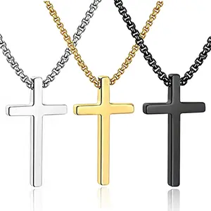 Mode Sederhana Emas Perak Hitam Christian Jesus Salib Liontin Kalung Perhiasan untuk Pria Rantai Stainless Steel Salib Kalung