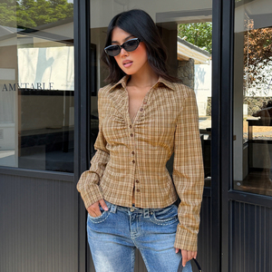Camisa de Oficina Estilo Europeo-Americano con Cuello Mao, Estampado a Cuadros, Lazo en la Espalda, Ajuste en la Cintura, Marrón, Texturizada, Ajustada, Favorecedora, Manga Larga - Product Image 4