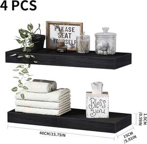 Lot de 4 étagères murales flottantes de 40 cm, petites étagères suspendues en bois avec supports invisibles, étagères de rangement rustiques noires pour salle de bain - Product Image 3