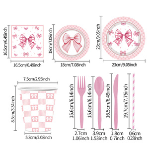 Ensemble de vaisselle jetable sur le thème des nœuds pour fête d'anniversaire et réunion d'amis : assiettes, gobelets et serviettes en papier - Product Image 2