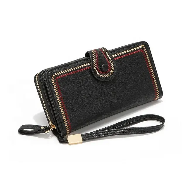 Wholesale Women Purse Large Capacity Pu leather Long Wallet Zipper Ladies Clutch Bags wirh Wrist