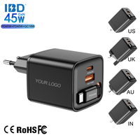 Chargeur mural rapide 45W PD3.0 PPS SCP OTP avec câble rétractable GaN de 80 cm (ports USB-C + USB-A) certifié CE/FCC/OVP