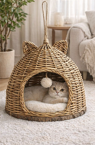 Casa para Gatos Tejida a Mano de Mimbre Natural, Cama Ecológica para Mascotas, <span class=keywords><strong>Cueva</strong></span> para Gatos Hecha a Mano con Cojín Suave - Product Image 1