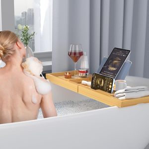 Bamboo Bathtub <b>Caddy</b> Foldable Retractable Freestanding Bathroom Storage <b>Tray</b> For <b>Bath</b> Time Relaxation - Product Image 4