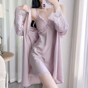 Nouvel ensemble <span class=keywords><strong>de</strong></span> nuit 2 pièces en satin avec dentelle pour femme, comprenant une robe nuisette et une robe <span class=keywords><strong>de</strong></span> chambre, collection été 2026 - Product Image 2