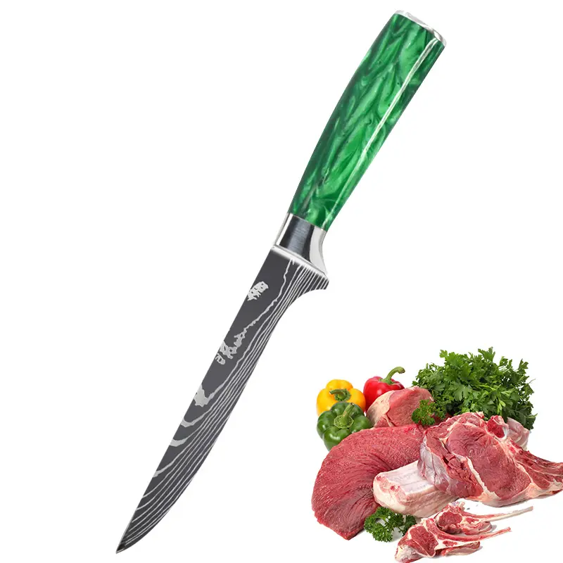 6 Inch Boning Knife Damascus Laser Pattern Stainless Steel Knife With Green Resin Handle