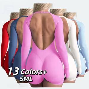 Combinaison de sport moulante à manches longues et dos ouvert pour femme, idéale pour le yoga et l'entraînement, disponible en 13 couleurs - Product Image 1