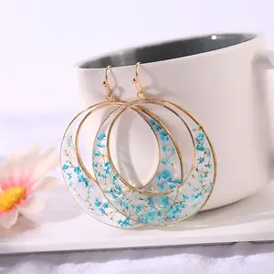 Big Large Hollow Out Statement hoop queen anne's lace Dried Flower Resin Gold Floral Earring