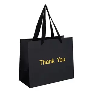 Wholesale luxury custom gold foil thank you gift paper bags black shopping paper bags with your own logo