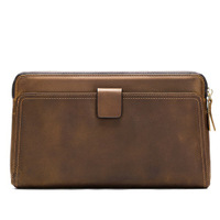 Dompet Perjalanan Tempat Kartu Paspor Panjang Tahan Air Ritsleting Antik Kulit Asli Pria Tas Clutch Kapasitas Besar Warna Solid SW