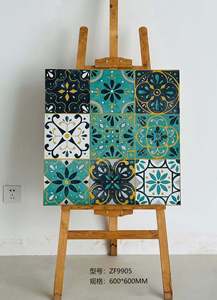 Carreaux muraux en porcelaine sérigraphiés motif floral vert paon, design méditerranéen, 600x600mm, pour salles de bain d'hôtels et villas - Product Image 2