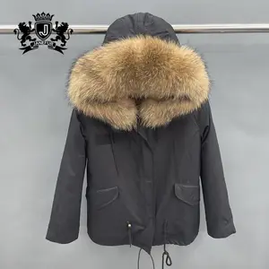 Janefur क्लासिक Windproof महिलाओं की सर्दी में गर्म Hooded Parka कोट घिरना ऊन लाइन में खड़ा असली के साथ एक प्रकार का जानवर ट्रिम घिसना जैकेट