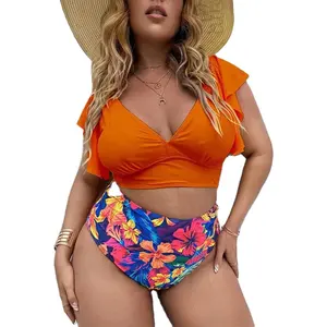 2024 News Women large size split bikini push up ruffle print high waist swimsuit