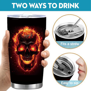 Draagbare 20Oz Roestvrijstalen 304 Dubbelwandige Beker 3d Vlamschedels Ontwerp 3d Bedrukt Metalen Relatiegeschenk Mok Stro Thermisch - Product Image 5