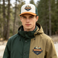 Gorra Trucker de Malla de Cinco Paneles con Visera Curva Bicolor, Logotipo de Parche Tejido Personalizado, para Aventura al Aire Libre y Camping, Venta al por Mayor