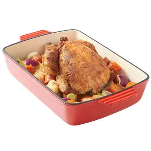 Utensilios para el hogar brillantes para hornear pan, bandeja para hornear de esmalte rojo de hierro fundido, utensilios para hornear de esmalte rectangular de 33cm, plato antiadherente para hornear, herramienta de cocina