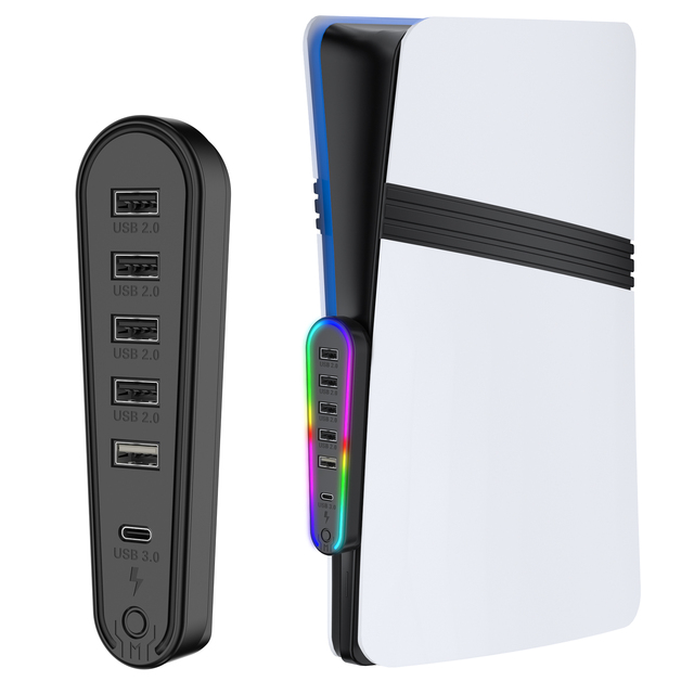 RGB Multi-Port Charging Hub for PS5 Pro/Slim | Fast USB 3.0 & 5-in-1 LED Gaming Dock