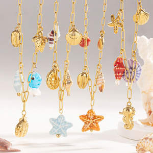 Collana di stelle marine e cavalluccio marino in ceramica dipinti a mano in acciaio inossidabile delicato catena di clavicola gioielli artigianali oceanici da donna - Product Image 1