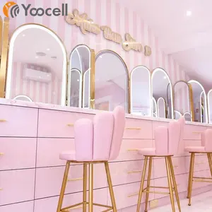 Yoocell เก้าอี้ร้านทำเล็บดีไซน์พิเศษ5กลีบ,เก้าอี้แต่งหน้าขอบทองทันสมัยสีชมพูสำหรับร้านทำผม