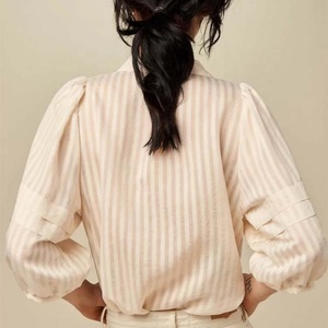 Camicetta Elegante da <span class=keywords><strong>Donna</strong></span> <span class=keywords><strong>Beige</strong></span> a Righe con Scollo a V, Maniche a 3/4 a Sbuffo, Camicia Casual da Ufficio per Primavera Estate - Product Image 2