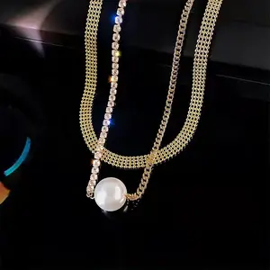 新款时尚经典珍珠项链配钻石银条和镀金项链女吊坠项链