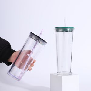 Wholesale <strong>Bulk</strong> 24 oz Reusable Boba Cup <strong>Double</strong> <strong>Wall</strong> <strong>Clear</strong> Insulated Bubble Tea Cup <strong>Plastic</strong> Acrylic Snow Globe <strong>Tumbler</strong> with Straw - Product Image 6