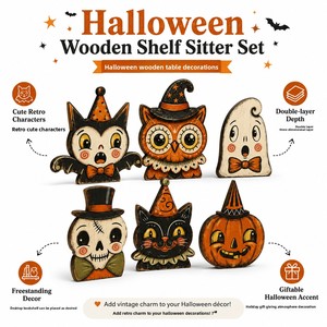 Decorazione da Tavolo Retrò in Legno 2026: Vassoio con Zucca, Fantasma, Gatto Nero e Scheletro per la Stagione di Halloween - Product Image 2