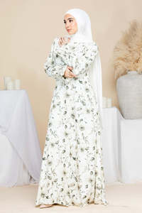 Robe longue élégante à imprimé floral vert personnalisée Leduo – Abaya à poignets smockés avec hijab pour femmes musulmanes - Product Image 3