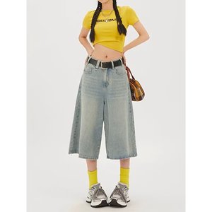 Pantalon court en jean <span class=keywords><strong>noir</strong></span> style américain pour <span class=keywords><strong>femme</strong></span>, coupe droite décontractée mi-longue, en polyester/coton délavé, grande taille, idéal pour l'été - Product Image 3