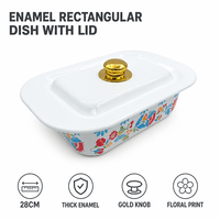 Plat à four rectangulaire en émail Senny 28 cm avec couvercle, motif floral cachemire, bouton doré, plat de cuisson, rôtissoire, vente en gros usine