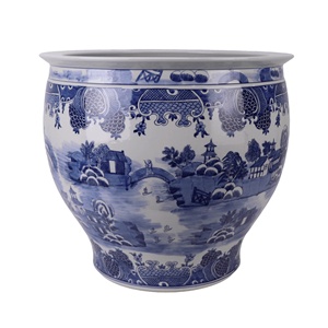 RZOY50-A Maceta Grande de Porcelana con Diseño Chinoiserie <span class=keywords><strong>Azul</strong></span> y Blanco, Maceta para Jardín con Forma de Pecera - Product Image 1