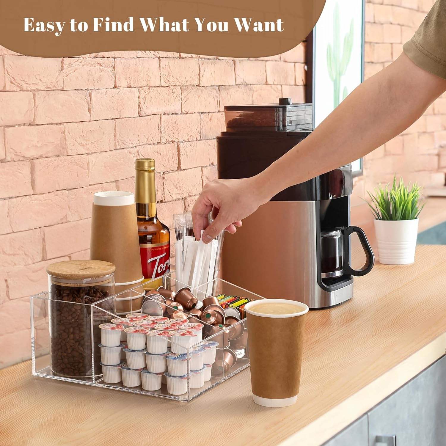 Organizzatore Caffettiere Acrilico - 4 Scomparti Con Coperchio Per Bustine E Zucchero