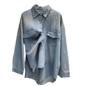 Camicette da <span class=keywords><strong>donna</strong></span> in denim con strass e lavorazione artigianale, modello 2026, alla moda, larghe, di media lunghezza, <span class=keywords><strong>oversize</strong></span> - Product Image 5