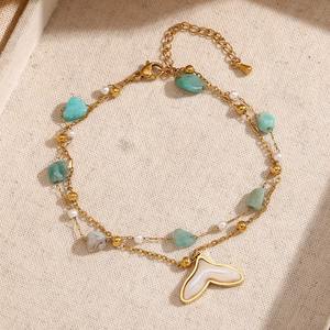 Tobillera OEM con cadena de cuentas turquesa de doble capa cola de ballena piedra Natural chapada en oro 316L joyería de moda de acero inoxidable - Product Image 4